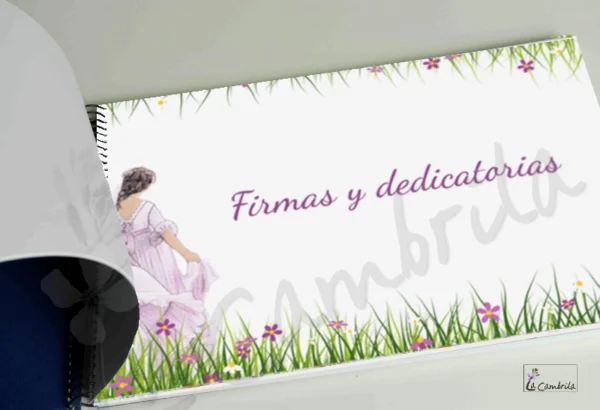 En este libro podrás recoger los sentimientos más importantes del día de tu primera comunión. Libro de firmas, dedicatorias, fotos y árbol de huellas. Hecho a mano. Nombre, fecha y foto personalizables. Tapas duras y plastificadas en mate. Tamaño 27,5 x 19 cm sin contar la espiral. Número de páginas 27. Páginas ilustradas 8 el resto en blanco. Contiene 1 árbol de huellas, 8 pág. para firmas y dedicatorias en papel de 200gr. 10 pág para fotografías en papel de 300gr. Ilustración basada en el vestido modelo Afrodita de "La esencia eres tu" fotógrafa Noelia de Estela Photography. Noelia de Estela Photography La esencia eres tú